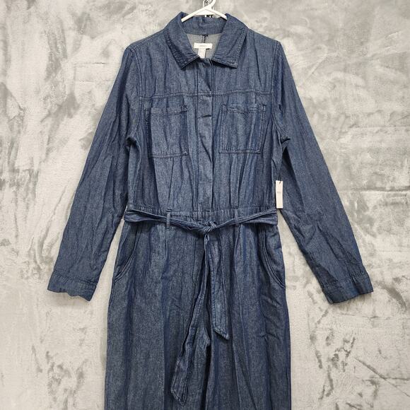 NEW Forever 21 Coverall Jumpsuit Womens M Blue Chambray Long Sleeve Tie Waist - Picture 2 of 15